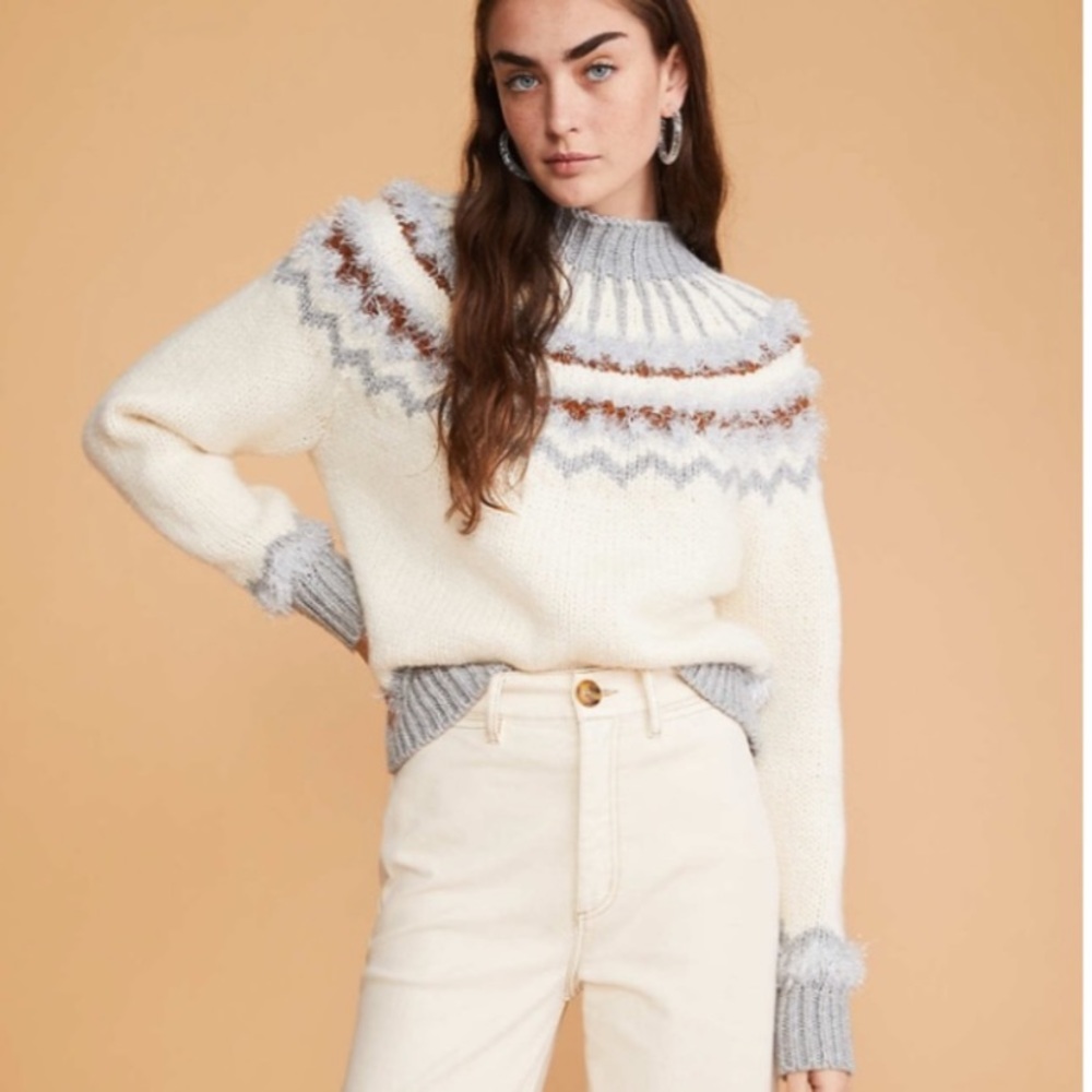 NWT LOU & GREY White Fuzzy Fair Isle Sweater